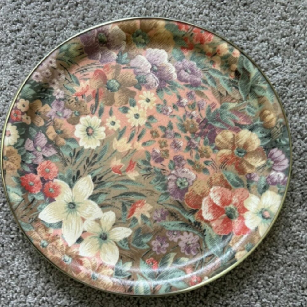 Vintage Floral Keswick Fibre Glass England 12" Serving Tray with Gold Trim